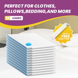 InfiniPower Vacuum Storage Bags (12 Jumbo) 80% Space Saver with Travelling Pump for Quilts and Blankets