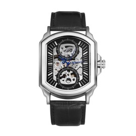 Silverora Men's Automatic Mechanical Watches: 3ATM Waterproof Square Watches Men with Bar Scale Hollow Skeleton Watches with Real Leather Strap Gifts for Men, black, Strap.