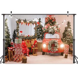 AIIKES 8x6FT Winter Christmas Tree Red Car Gifts Photography Background String Light Green Pine Wreath Snow Merry Xmas Flags Backdrops Family Holiday Birthday Party Photo Props Banner Supplies 11-977