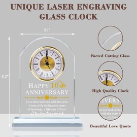 QIANRUNA 10th Wedding Anniversary Glass Quartz Clock Gifts for Her Him, 10 Years of Marriage Quartz Clock Gifts for Couple, Happy 10th Anniversary Clock Decoration Gifts for Husband Wife