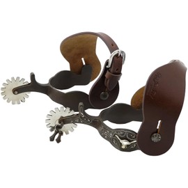 Jeereal Men's Western Antique Spurs with Spur Straps, Engraved German Silver Trims