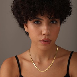 Charmsy Herringbone Link Chain Necklace for Women | 14K Gold-Plated Adjustable 3 MM Flexible Flat Herringbone Link Chain Necklace 18 Inches, Brass, No Gemstone