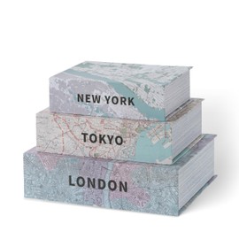 Soul & Lane Decorative Book Boxes with City Maps - Set of 3: New York, Tokyo, London - Faux Book Boxes for Storage and Decoration, Travel and Adventure Home Decor