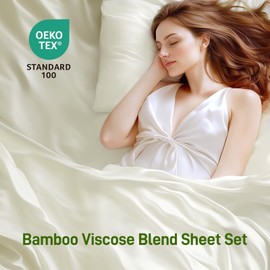 Viscose Derived from Bamboo, Soft Cooling Bedding with Silky Smooth Finish,16" Deep Pocket, Hypoallergenic, Breathable, 4 Piece Full Size Luxury Hotel Milky White Bed Sheet Set, Oeko-Tex Certified