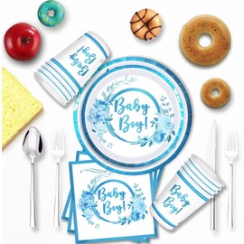 LASLU Baby Shower Plates and Napkins for Boy Serves 16, Baby Shower Party Supplies Includes Plates, Napkins, Cups, Total 64PCS (Blue)