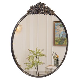 YIDIE Round Mirror, 24''Baroque Style Wall Mirror Metal Frame Circle Mirrors for Entryway, Living Room or Bedroom,Retro Black