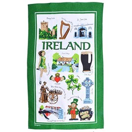Iconic Ireland Tea Towel Souvenir Gift Green Irish Scenes Leprechaun Collage