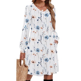 Zeagoo Fall Casual Dresses for Women 2025 Long Sleeve Floral Dress A Line Spring Dress Flowy,White Floral L