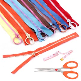 Rustark 12Pcs 12Inch/30CM 10 Colors Nylon Resin Zipper Assortment Kit with Scissor Ruler Zippers with Lifting Ring Pull Resin Zipper Nylon Plastic Zippers Coil Zipper for DIY Sewing Craft Bags Clothing
