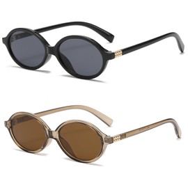 Onrtry Retro Oval Sunglasses for Women and Men Small 90s Style Round Tortoise Sun Glasses 2 Pack(Black+Brown)