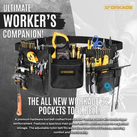 WORKADE Heavy Duty 32-Pockets Tool Belt for Men & Women – Black Double-Layered Cordura Tool Bags/Pouches, Adjustable Quick-Release Buckle Tool Belt for Electrician, Carpenter, Plumber.
