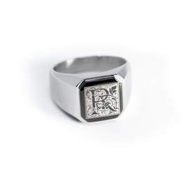 Stainless Steel Letter R Alphabet Initial Floral Box Monogram Engraved Square Flat Top Biker Style Polished Ring, Size 15