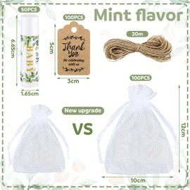 Demissle 50 Pcs Eucalyptus Baby Shower Lip Balm Gift Set with 100 Pcs Organza Bag Greenery Leaves Baby Shower Party Favor Lip Balm for Guest Thank You Tag Rope Gender Reveal Souvenir Party Decoration