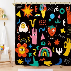Miyotaa 70s Groovy Retro Shower Curtain Set 60Wx71H Inches Cute Funky Hippy Kids Cartoon Rainbow Trendy Colorful Polyester Waterproof Cloth Bathroom Curtain with 12 Hooks