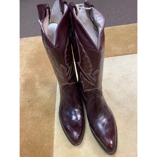 Western Vintage Wine Handmade Leon Mexico Eel Handstitched Cowboy Leather