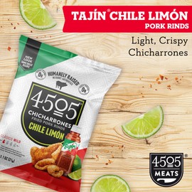 4505 Tajin Seasoned Chicharrones, Fried Pork Rinds - Chile Limon Mild Flavored Pork Skins - Low Carb, Gluten-Free, Protein Snack - 1.1oz (Pack of 12)