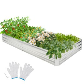 Giantex Galvanized Raised Garden Bed, 8x4x1FT Large Metal Planter Box with Gloves, Outdoor Bottomless Planter Raised Bed Kit for Vegetables Flowers, Herbs, Fruits, Silver