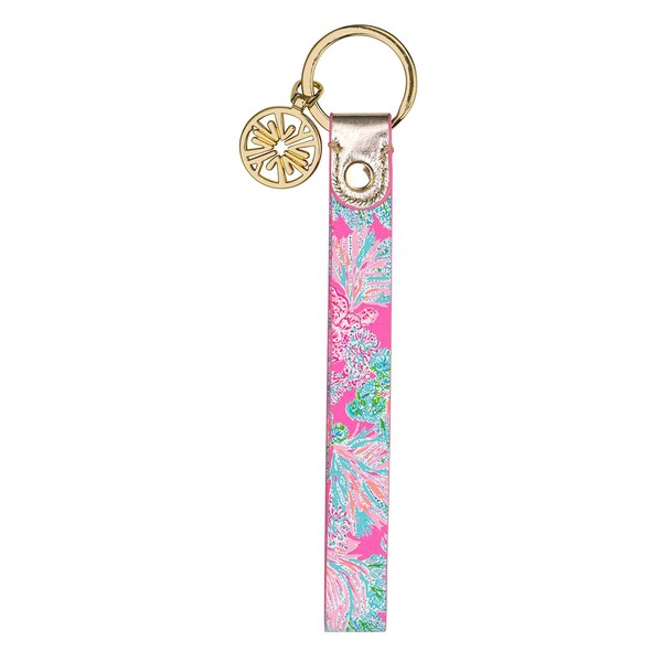 Lilly Pulitzer Durable Pink Leatherette Strap Key Chain, Cute Wristlet Keychain Accessory with Flat Metal Ring, Seaing Things, CH
