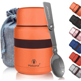 Mebanix Food Flask for Hot Food, Soup | 400ml Stainless Steel Double Walled Vacuum Insulated Leakproof Jar with Folding Spoon | BPA Free | 6 hrs hot 10 hrs cold | For Adults and Kids. Orange