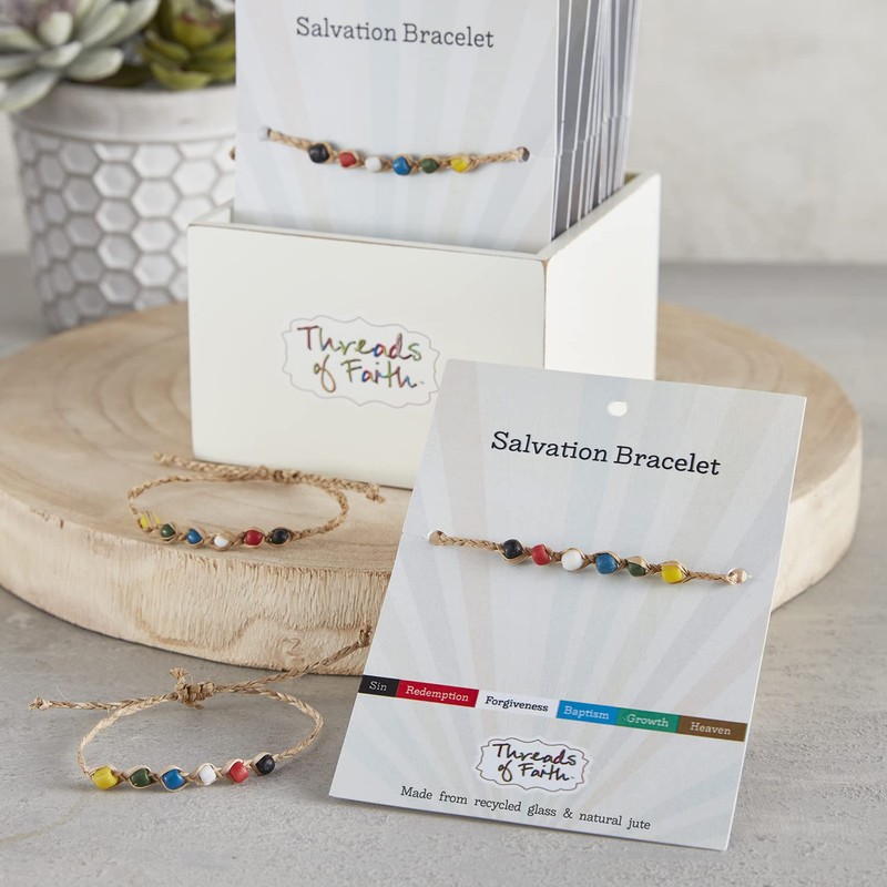 Creative Brands Faithworks-Adjustable Jute and Recycled Glass 8-Inch Bracelet, Salvation