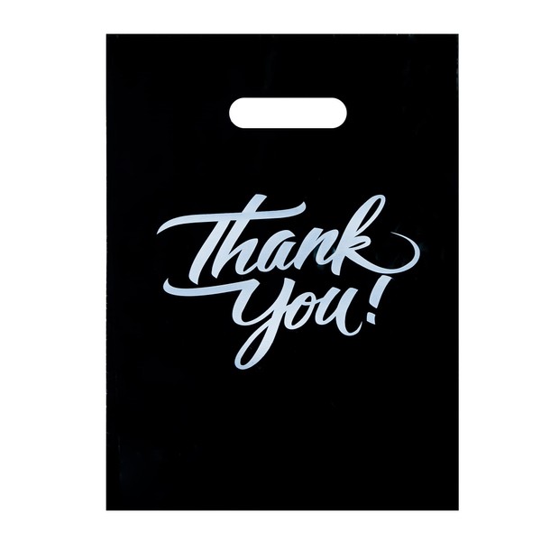 Infinite Pack Black 9"x12"(500pcs) Thank You Merchandise Bags, Die Cut Handles, Retail Shopping Bags for Boutique, Goodie Bags, Gift Bags Bulk, Favors, 1.25 Mil Reusable Plastic Bags