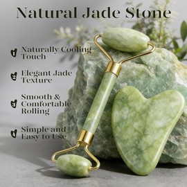 BAIMEI IcyMe Gua Sha y rodillo de jade - Herramientas faciales, rodillo facial y juego de Gua Sha para reducir la hinchazón y el enrojecimiento, rutin