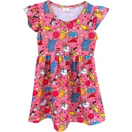 Baby Girls Spring Summer Cat in The Hat Dress Girls Flutter Sleeve Boutique Dress