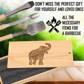 Patterned Elephant BBQ Tool Set: Inspired by Indian or African Art, Premium Stainless Steel Spatula, Tongs & Fork, Engraved Box with Complex Elephant Designs, Ideal for Art Enthusiasts