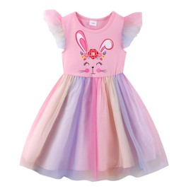Girls Easter Bunny Dress Toddler Rainbow Tutu Birthday Party Cute Rabbit Easter Rainbow Tulle Dresses 6T/1759
