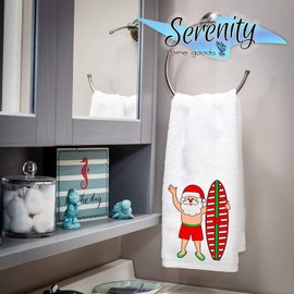 Christmas Decor | Decorative Kitchen and Bath Hand Towels | It's To A Lot | Winter Novelty | White Towel Home Holiday Decorations | Gift Present (Surfboard Santa)