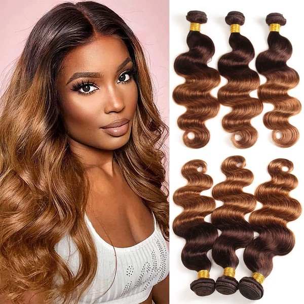 2 Tone Ombre Hair Body Wave 3 Bundles Brazilian Virgin Hair Body Weft Ombre Human Hair Bundles T4/30 Medium Brown/Medium Auburn for Black Woman (16 18 20, T4/30)