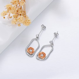 VONALA Rose Flower Earrings for Women, 925 Sterling Silver Rose Gold Flower Stud Earrings Dangle for Girls as Gifts