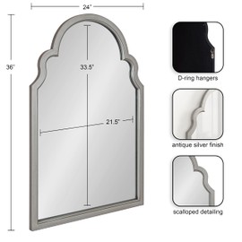 Kate and Laurel Hogan Wooden Arched Wall Mirror, 24 x 36, Silver, Vintage Glam Moroccan Arch Wood Mirror with Unique Scalloped Corners and Modern Shape