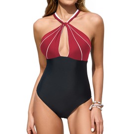 Upopby - Traje de baño sexy de una pieza para mujer, con control de abdomen, cuello alto, abertura y espalda descubierta, Rojo vino, 10