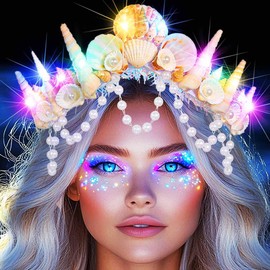 BARTOSI Light Up Mermaid Crown Glow Shell Headband Beach Costume Hair Accessories for Women