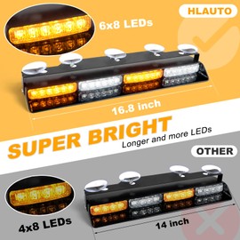 HLAUTO 6Z4J Emergency Dash Strobe Lights: 2x16.8 inch Amber White Safety Lights, 48 LED Flashing Warning Hazard Interior Windshield Visor Traffic Light Bars for Trucks, Construction Vehicles