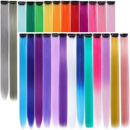 26 Pcs Colored Clip in Hair Extensions Straight Highlight Hairpieces, Wanfoou Party Highlights Straight Clip in Hair Extensions Colorful Synthetic Hair Pieces Accessories for Girls Women Gifts