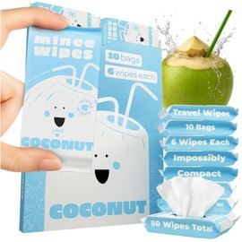 Impossibly Compact Travel Wipes with Coconut Fragrance - Skin-Friendly, Hypoallergenic & Scented Wet Wipes for Adults, Kids & Baby Care - 10 Pack Total 60 Wipes