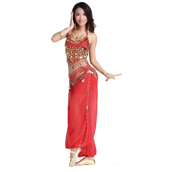 ZLTdream Lady's Belly Dance Chiffon Banadge Top and Lantern Coins Pants Red, One Size