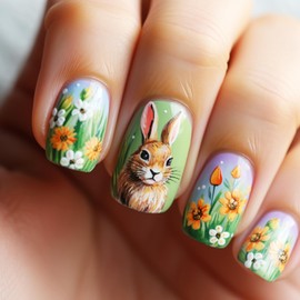 Easter Press on Nails Short Square Fake Nails Vintage Bunny & Daisy Design False Nails Cute Flower Press on Nails Glossy Acrylic Nails Stick on Nails for Women Girls Spring Summer Nail Art 24Pcs