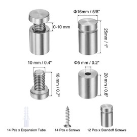 QUARKZMAN 12 Pcs 5/8" x 1" Stainless Steel Standoff Screws Wall Mount Sign Mounting Hardware Kit with 14pcs Screws for Hanging Acrylic Glass Signs, Brushed Silver