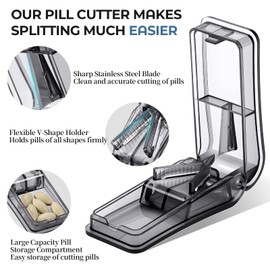 2-Pack Pill Cutter for Small or Large Pills – Professional Pill Splitter with Sharp Stainless Steel Blade, V-Shape Holder & Doubles as a Pill Organizer – Not Suitable for Tiny Pills