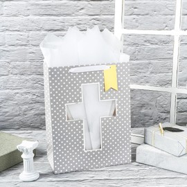 Loveinside Gray Gift Bag with Cross Design, Tissue Paper for Baby Girl Baptisms, Christenings, First Communions Religious Occasion- 10" x 5" x 13", 1 Pcs