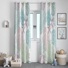 Llylumty Coastal Beach Window Curtains Drapes Nautical Sea Shells Satrfish Theam,Summer Ocean Home Decor Grommet Blackout Curtain for Living Room, Bedroom Kitchen 21x45in,2 Panel Set