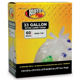 Ruffies 1124909 60CT 33GAL Recyc Bag, 33 Gallon, Clear, 60 Count