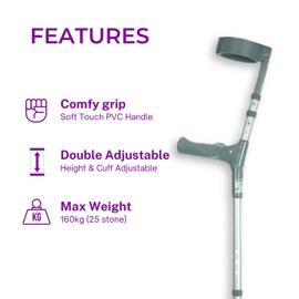 Coopers Comfy Grip Handle Double Adjustable Elbow Crutch - Large - Left Hand | Lightweight Crutch for Adults | Height Adjustable Elbow Crutch | Arthritis Comfort Grip