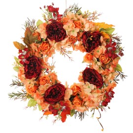 Fall Wreaths for Front Door Fall Decoration for Home Fall Deco for Home Outside Door Wreath for Rustic Farmhouse Thanksgiving Autumn Front Door Decor (Orange & Red)