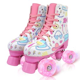 jessie Girl Roller Skates for Kid, PU Leather Flash Rainbow Adjustable Roller Skates Girls Ages 5-12 Four-Wheel Beginner Adult Indoor Outdoor (White,32)