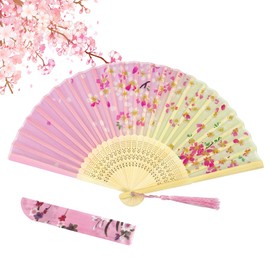 ZoomPlay Folding Hand Fan, Handheld Fan Bamboo Hand Fan for Birthday Gifts Dancing Cosplay Wedding Party, Green Pink