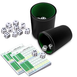 Kniffel Cup Set Including 10 Dice and 100 Kniffel Blocks, Dice Cup Set Made of PU Leather, 2 Dice Cups Ideal for Family Evenings Yahtzee and Parties